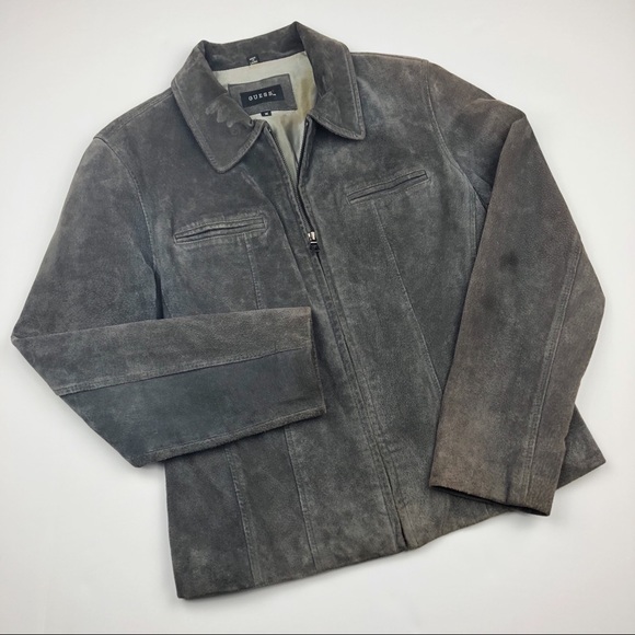 GUESS Genuine Suede Leather Charcoal Zip-Up Jacket - Picture 3 of 8